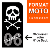 Sticker for MOTORCYCLE license plate, BLACK background, Department number - PIRATE