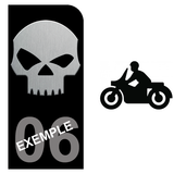 Sticker for MOTORCYCLE license plate, BLACK background, Department number - SKULL